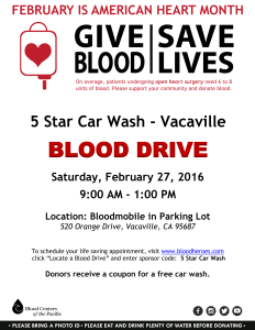 5 Star Car Wash Vacaville participates in February 2016 American Heart Month