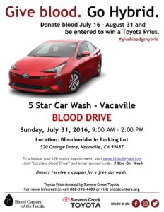 Blood Centers of the Pacific and 5 Star Car Wash Partner for a Blood Drive on July 31, 2016